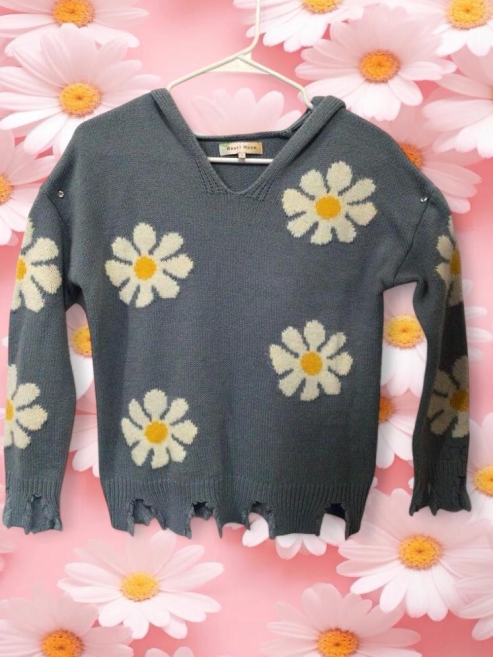 Charcoal V-Neck Daisy Knit Sweater